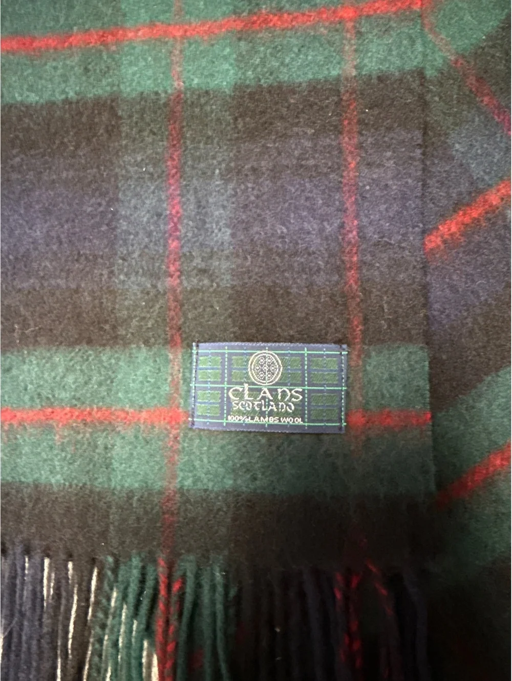 Vintage Clans of Scotland Tartan Plaid Scarf Green Navy Red Fringe